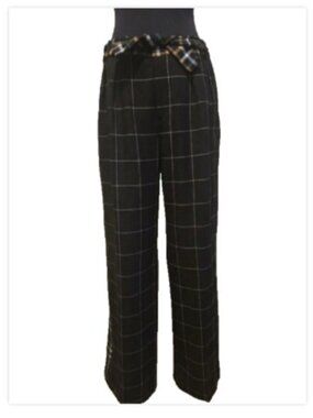 Dark Academia Windowpane Plaid Wide Leg Trousers 4 Side Stripe Belted Pants NWT